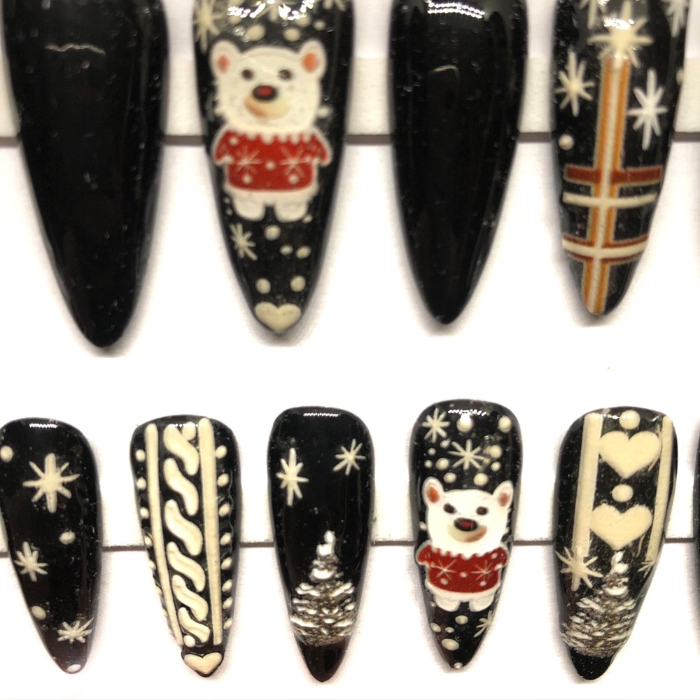 Handmade Press On Nails Custom Long Nails Almond Shape Black Christmas Nails - Picture 9 of 9